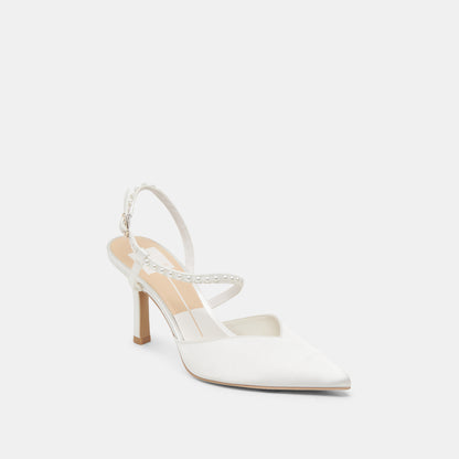 KAMRA PEARL HEELS TRUE WHITE SATIN