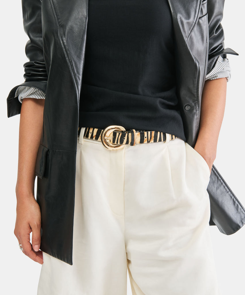 CHUNKY CURVED BUCKLE BELT TAN ZEBRA CALF HAIR