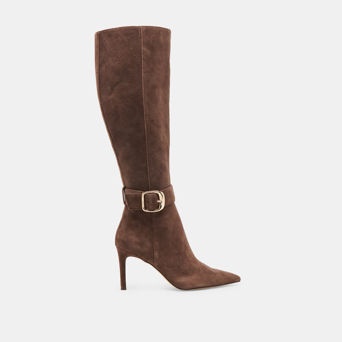KINZY Dk Brown Suede Knee-High Stiletto Wide Calf Boots | Dolce Vita