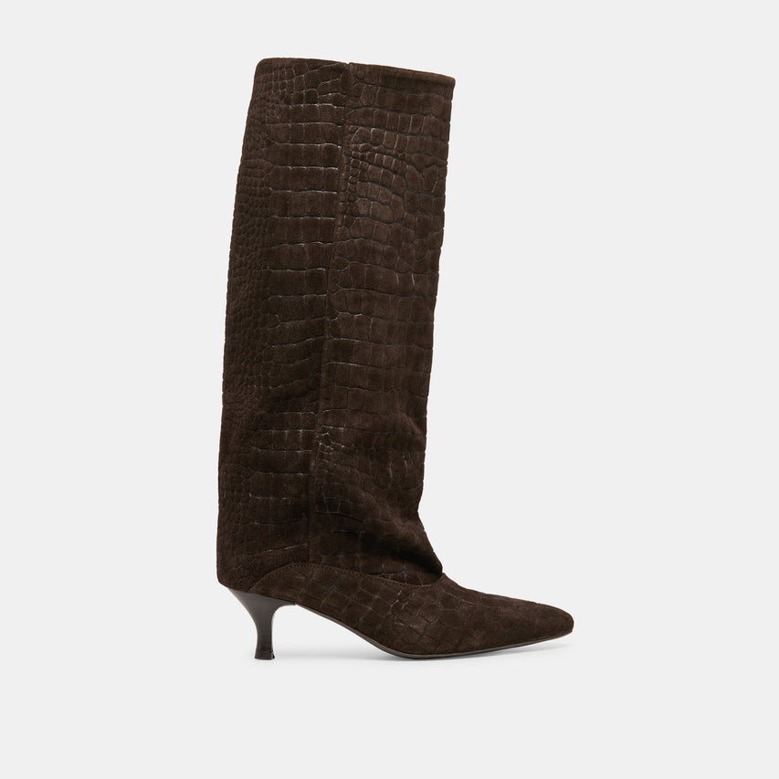 Roxla Dk Chocolate Croco Embossed Leather Boots | Dolce Vita