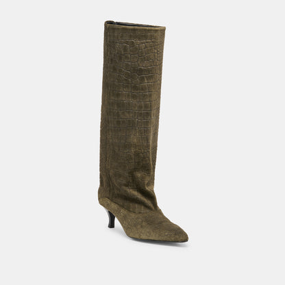 ROXLA BOOTS OLIVE CROCO EMBOSSED LEATHER