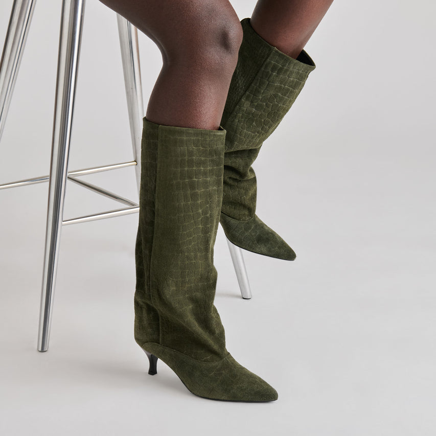 ROXLA BOOTS OLIVE CROCO EMBOSSED LEATHER