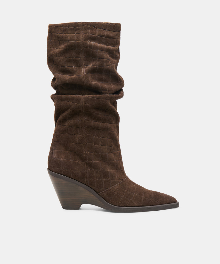 ADISEN Espresso Embossed Suede Wedge-Heel Boots | Dolce Vita