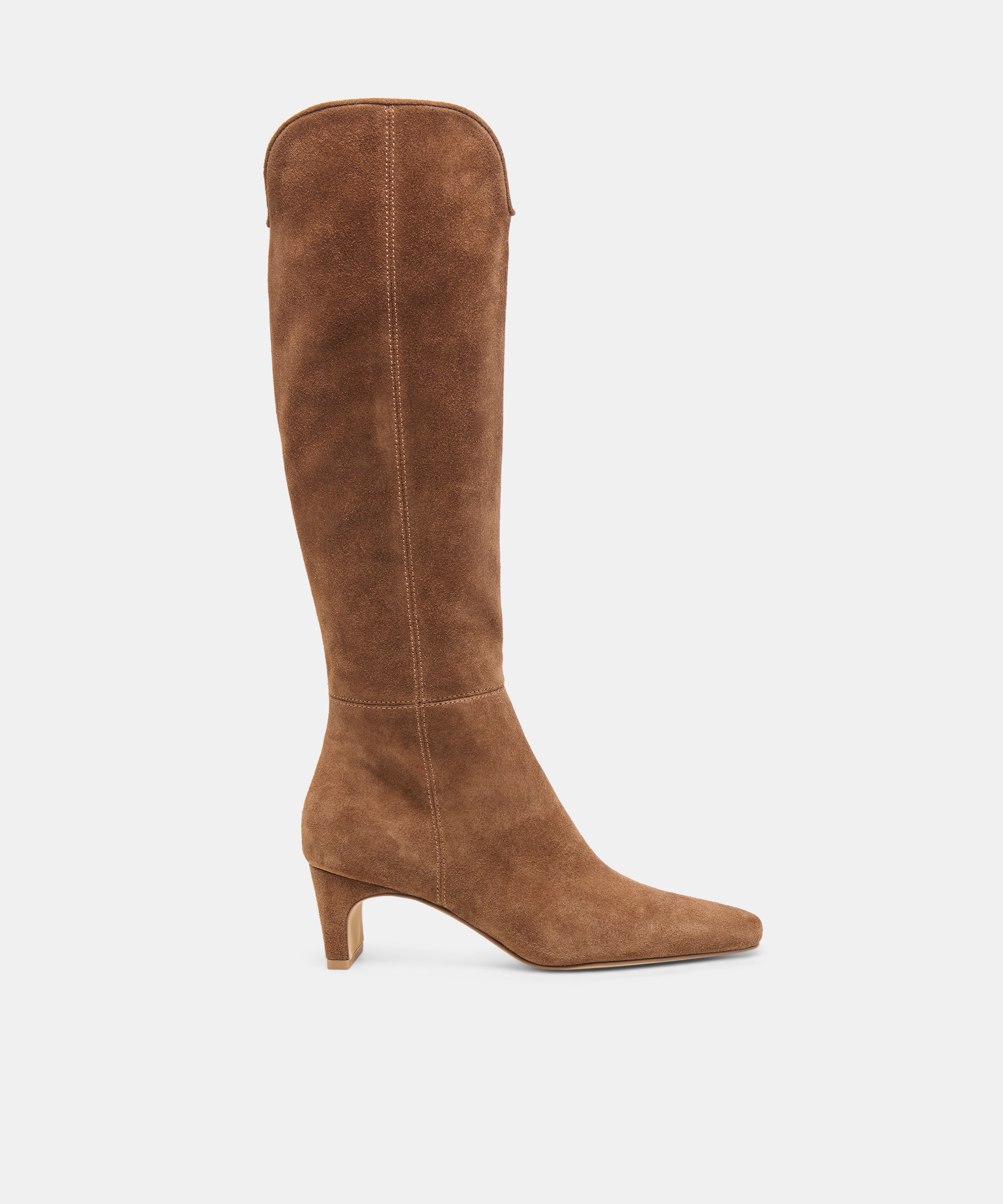 BRION Narrow Calf Cocoa Suede Block-Heel Knee-High Boots | Dolce Vita