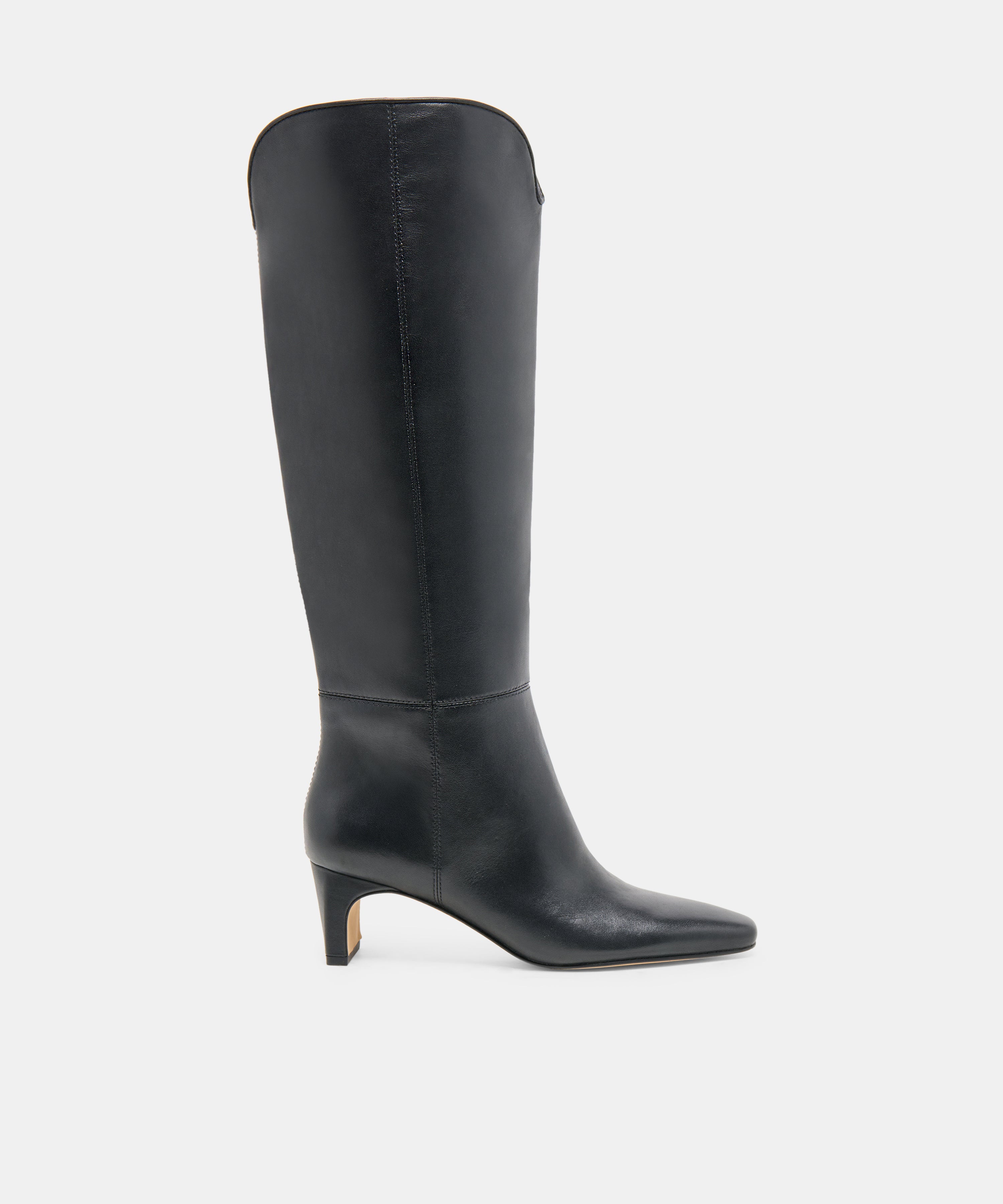 BRION Wide Calf Black Leather Block-Heel Knee-High Boots | Dolce Vita