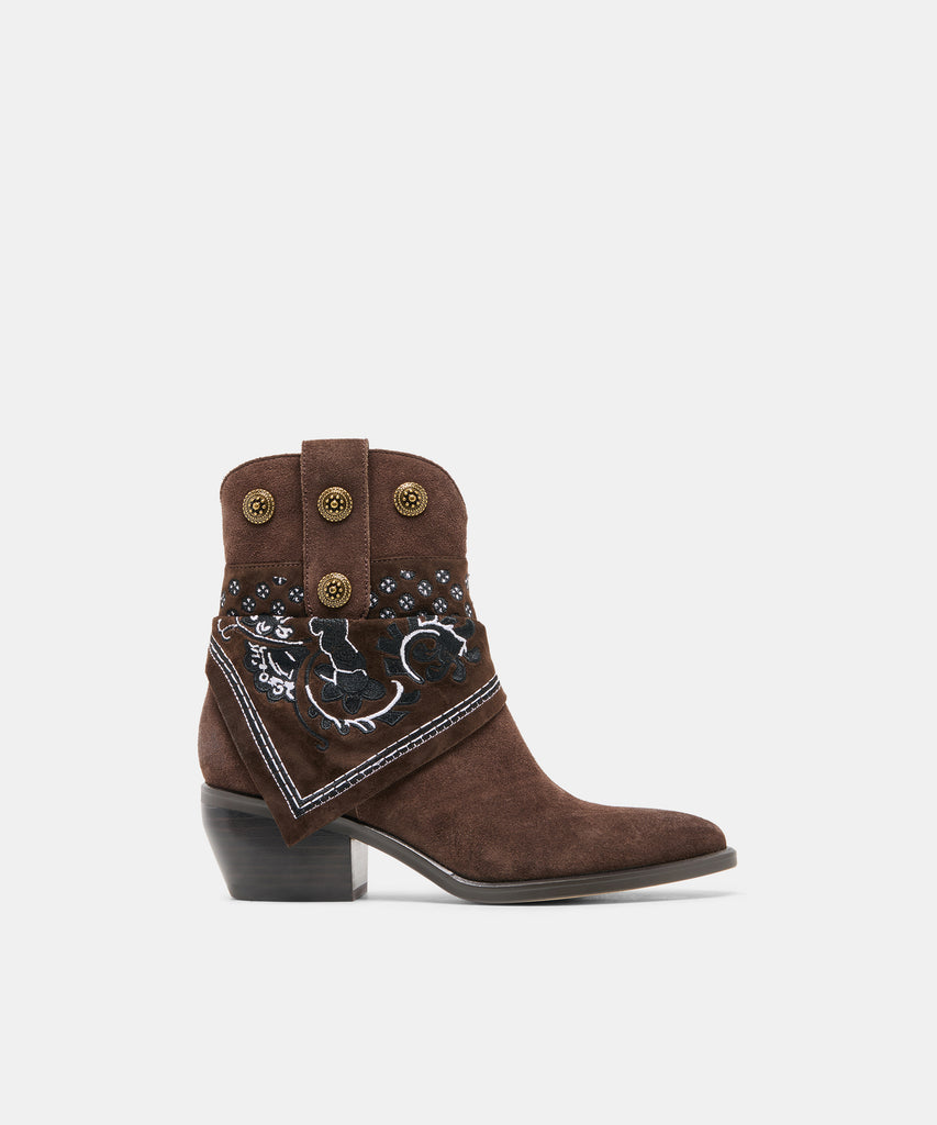 MEKALA Dk Brown Suede Pointed-Toe Ankle Western Boots | Dolce Vita