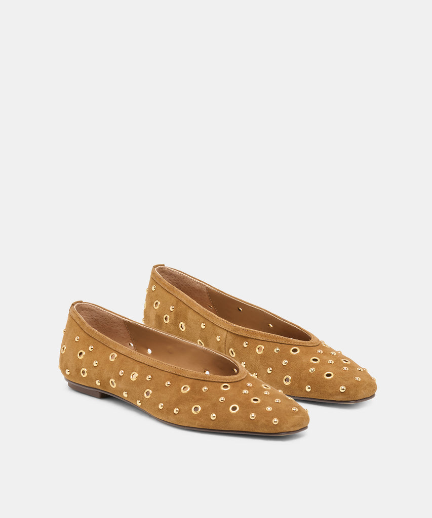 CARET STUD BALLET FLATS LT BROWN SUEDE
