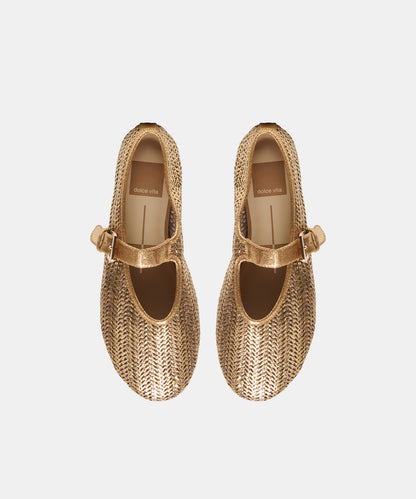 LONNIE BALLET FLATS DK GOLD WOVEN RAFFIA