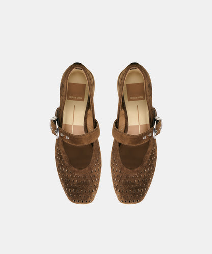 MIKEL MID HEELS CHESTNUT PERFORATED SUEDE