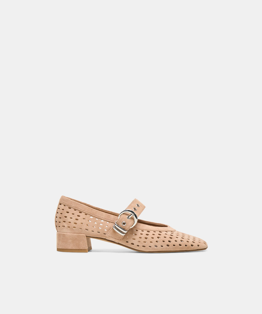 MIKEL MID Toffee Perforated Suede Mary-Jane Ballet Block Heels | Dolce Vita
