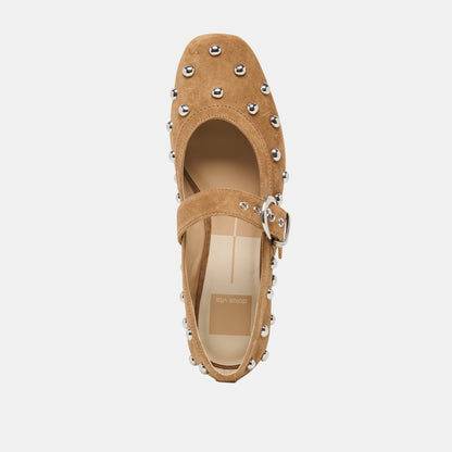 MIKEL STUD BALLET FLATS LT BROWN SUEDE
