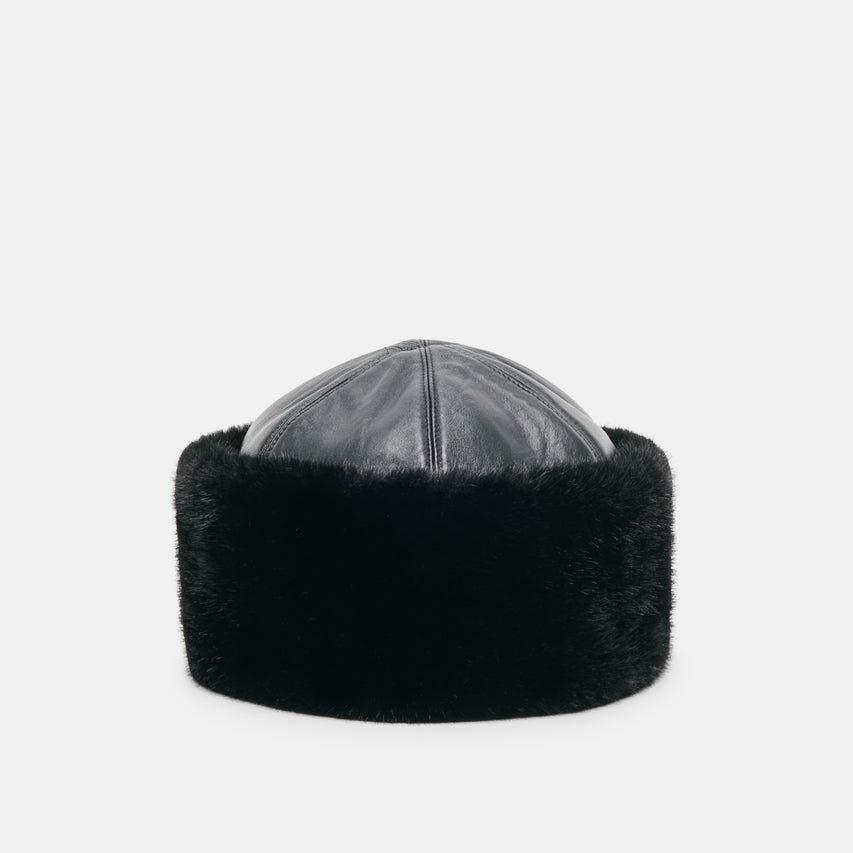 Faux Fur and Genuine Leather Cuff Black Winter Hat | Dolce Vita