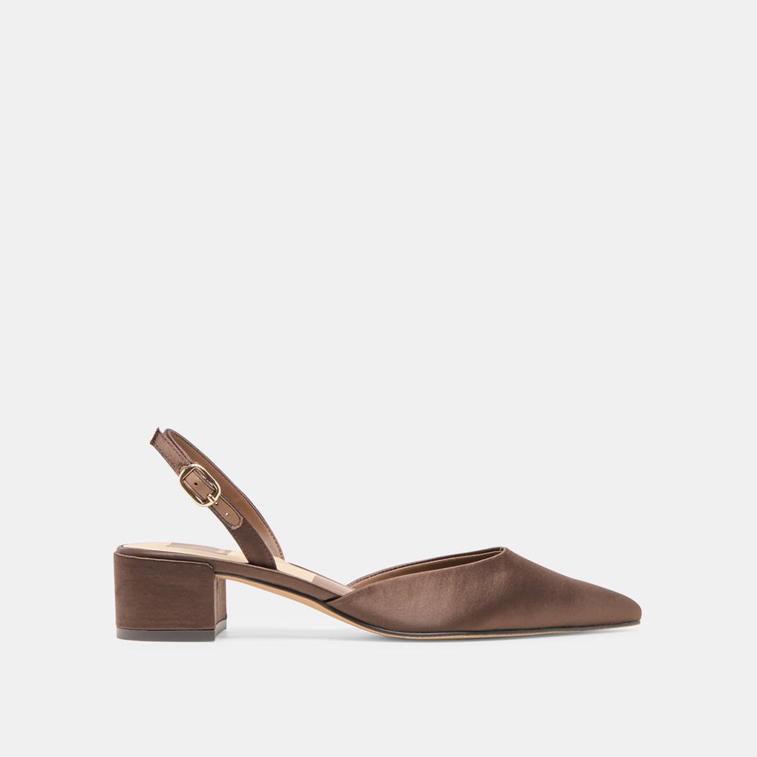 CAREL HEELS DK BROWN SATIN