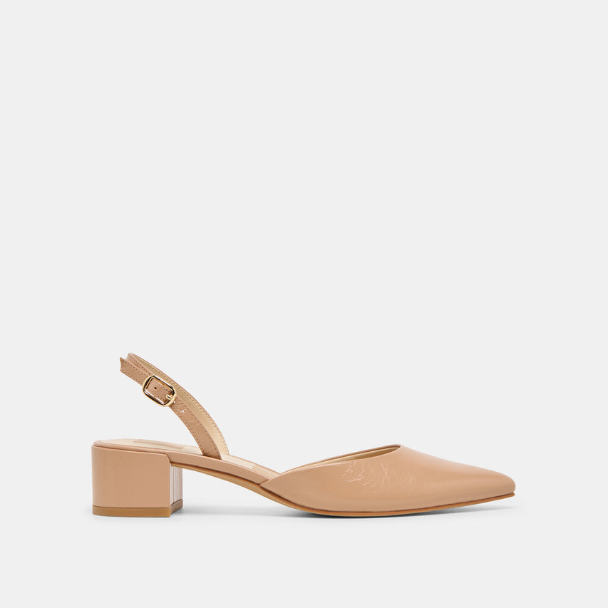Carel Wide Lt Tan Crinkle Patent Leather Heels | Dolce Vita