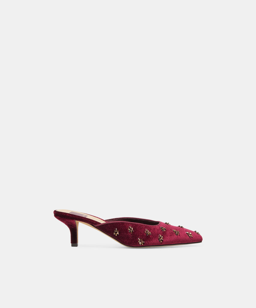 CAMLA Bordeaux Velvet Crystal Mule Kitten Heels | Dolce Vita
