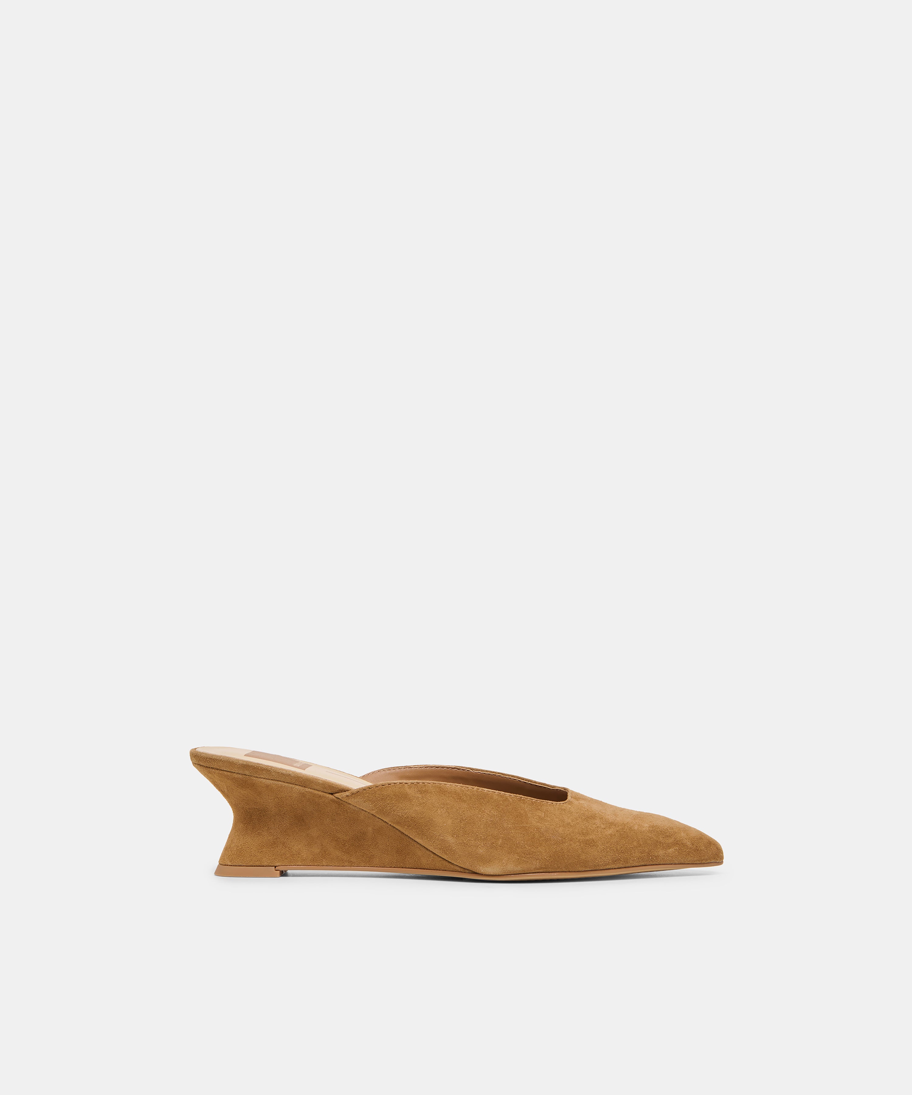 CAMY Cognac Suede Closed-Toe Slip-On Wedge Mules | Dolce Vita