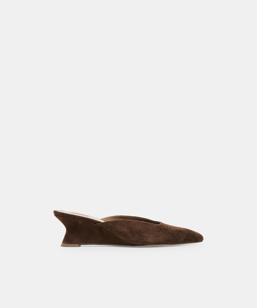 CAMY Dk Brown Suede Closed-Toe Slip-On Wedge Mules | Dolce Vita