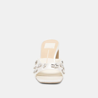 GENENE RHINESTONE HEELS WHITE SATIN