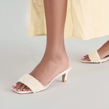 REXA PEARL HEELS OFF WHITE SATIN