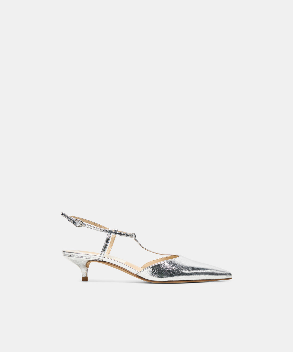 TORENA Silver Distressed Leather Closed-Toe T-Strap Heels | Dolce Vita