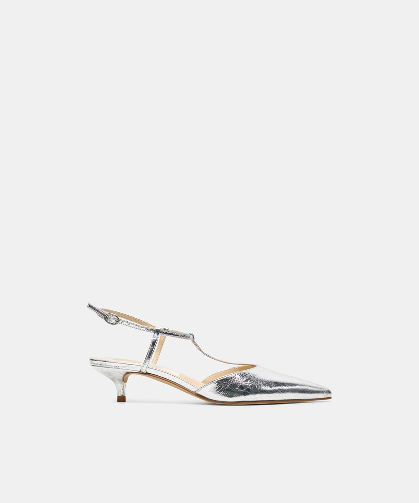 TORENA Silver Distressed Leather Closed-Toe T-Strap Heels | Dolce Vita