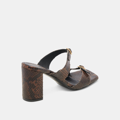 SHANE HEELS DK BROWN SNAKE EMBOSSED