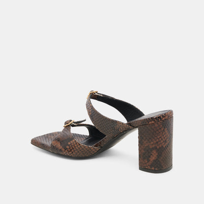 SHANE HEELS DK BROWN SNAKE EMBOSSED