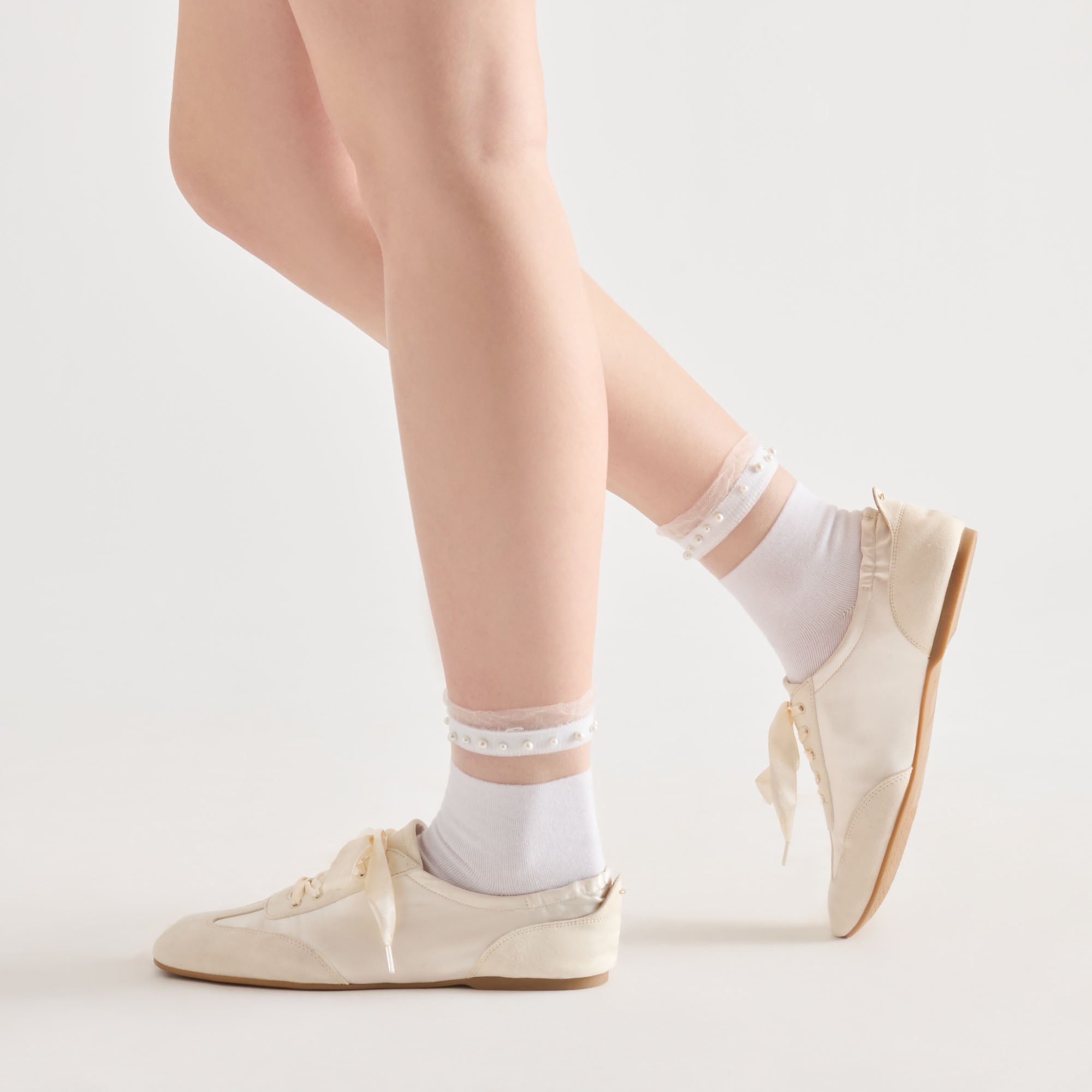 SHEER RUFFLE PEARL ANKLET SOCKS WHITE - view 2