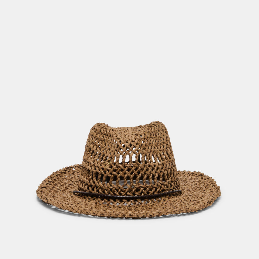 Thick Weave Dark Brown Cowboy Hat with Strap | Dolce Vita