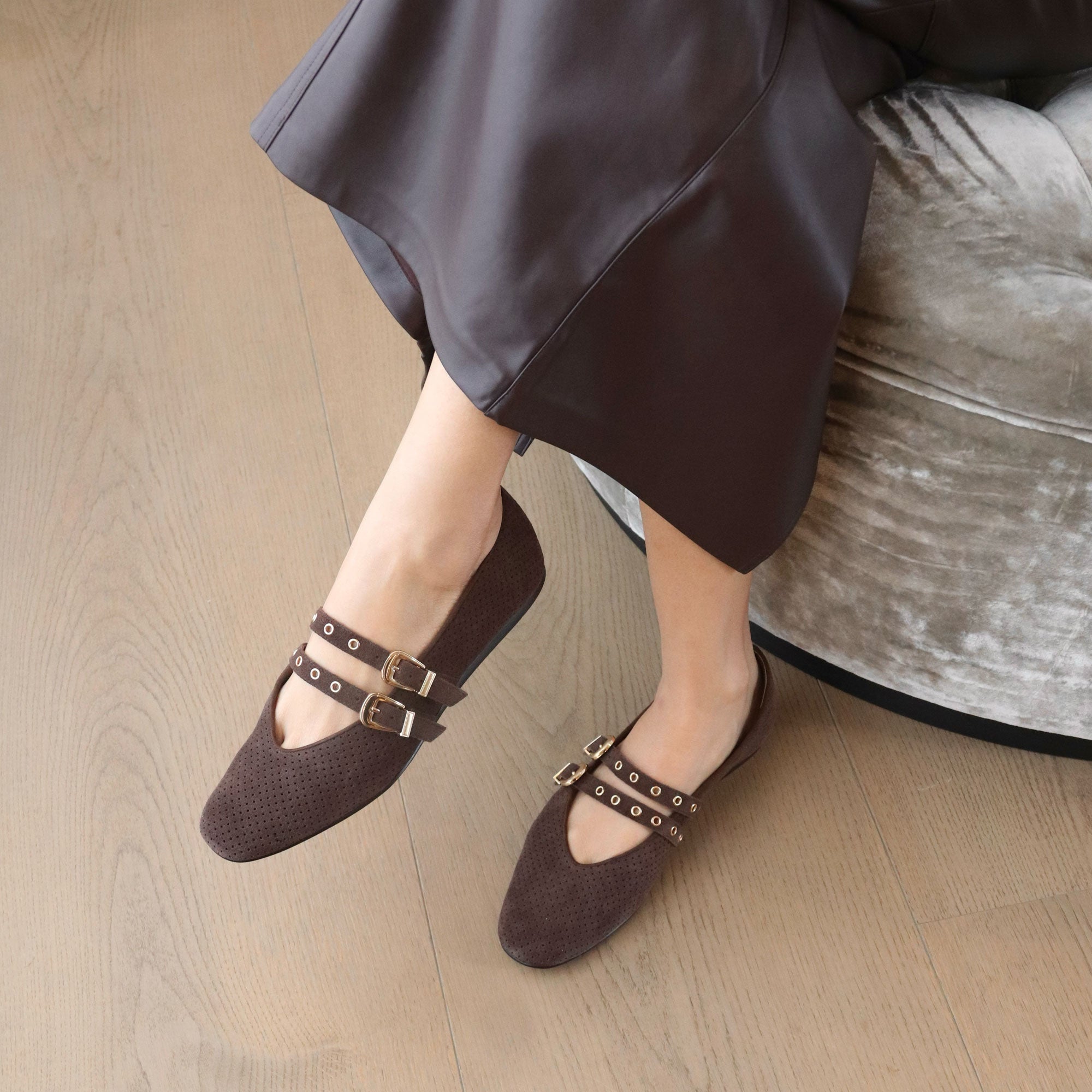 BAYLEE GROMMET BALLET FLATS DK BROWN PERFORATED SUEDE - view 2