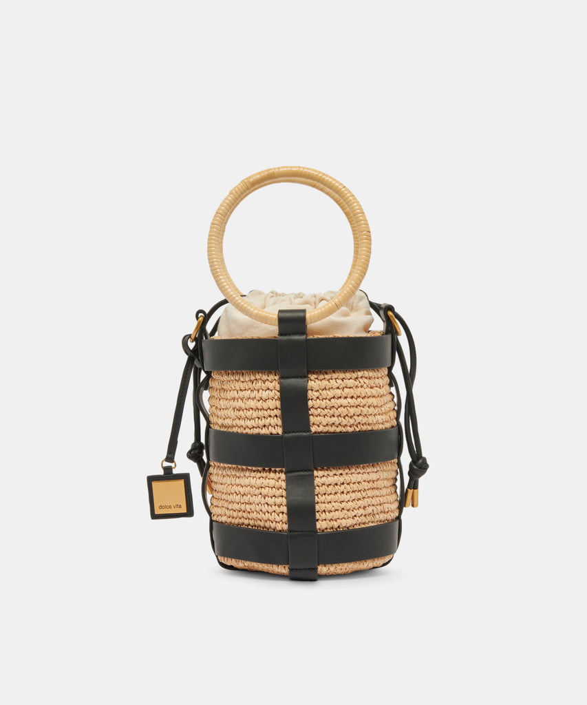 SHAENA BUCKET BAG BLACK NATURAL RAFFIA